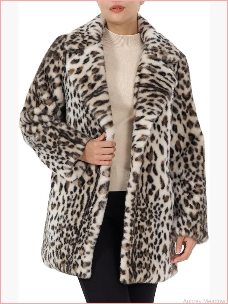 Faux Fur Leopard Print Coat With Belt And Pockets - Women's Fall Winter Jacket